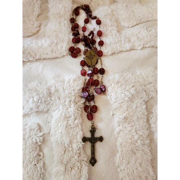 Vintage Red Glass Rosary Necklace – Bronze Cross & Medal - Picture 10 of 10